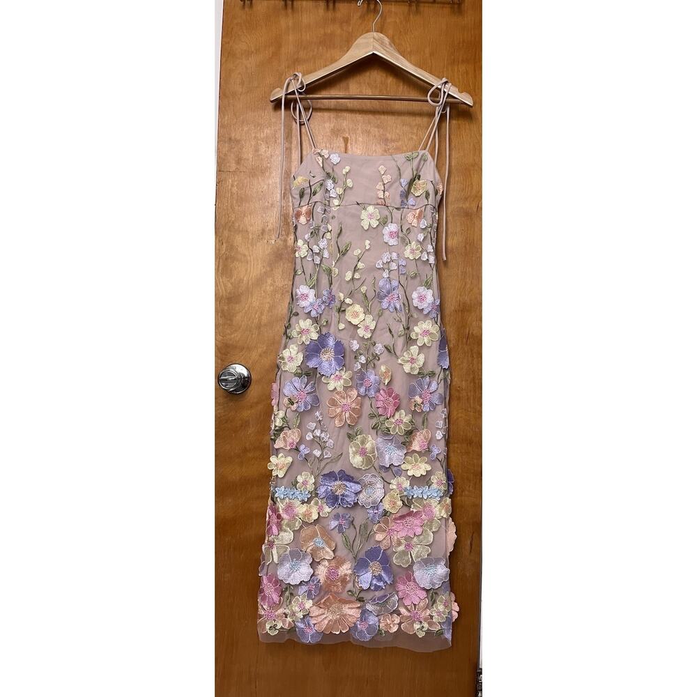 HELLO MOLLY One Of One 3D Floral Embroidered Mesh Midi Dress Sz 2 XS - Picture 3 of 7